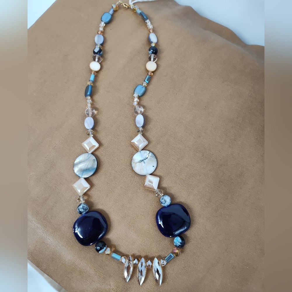 Handmade Chic Blue and Tan Necklace 32" Long